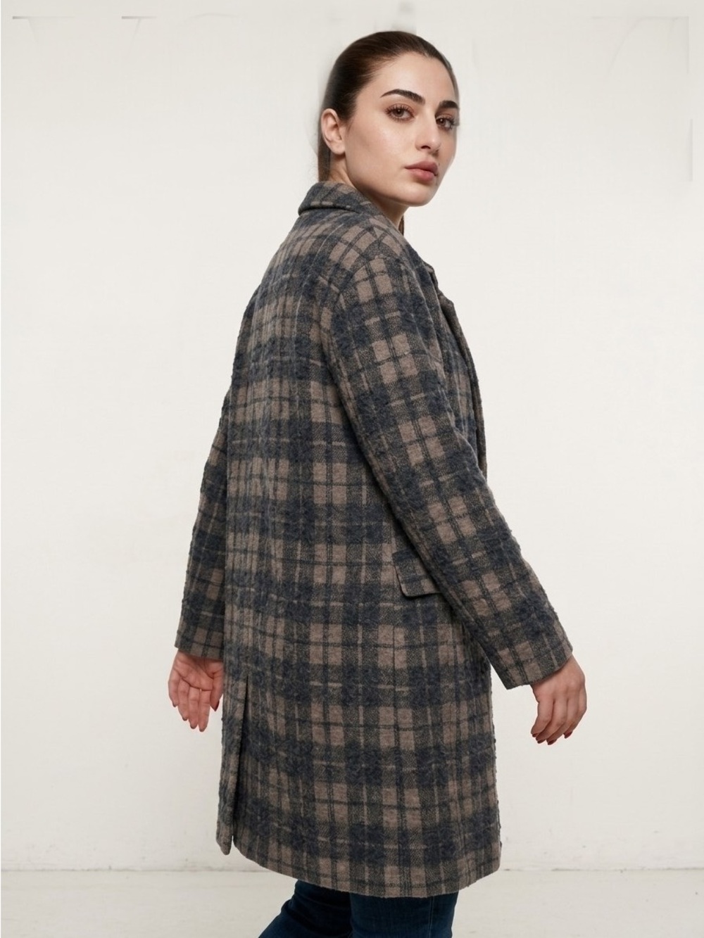 TONET PLAID BELTED TRENCH COAT WOOL CASHMERE SIZE 44 WOMEN'S